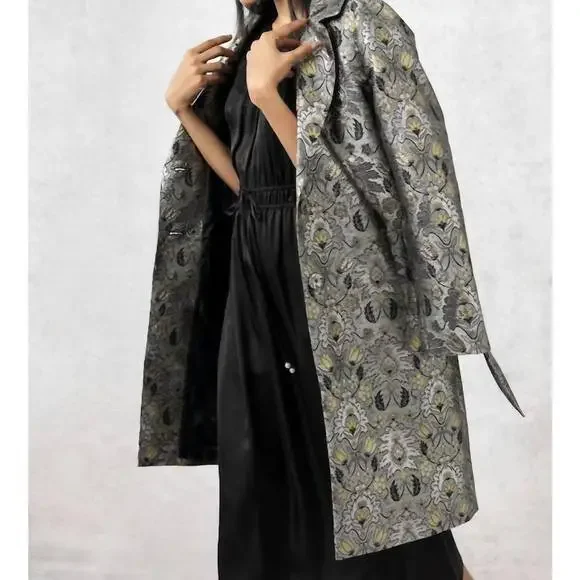 Chic Silver Floral Trench Coat - Picture 2 of 2